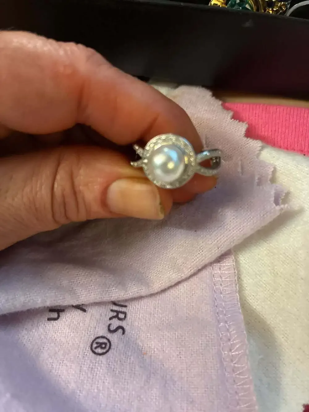 Pavé Cubic Zirconia and Imitation Pearl Swirl Ring in Silver Tone